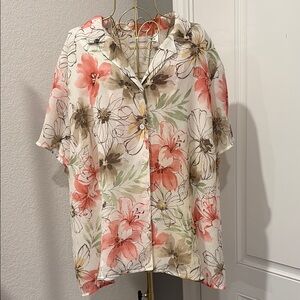 Alfred Dunner Coral and Cream Floral Button-Down Shirt